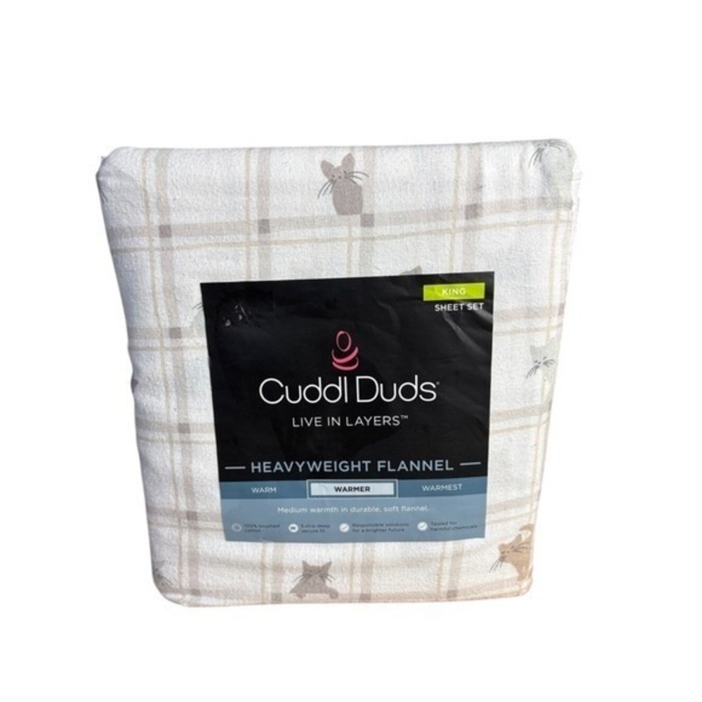 Cuddl Duds King Heavyweight Flannel Sheet Set Playful Cats Plaid Gift NEW